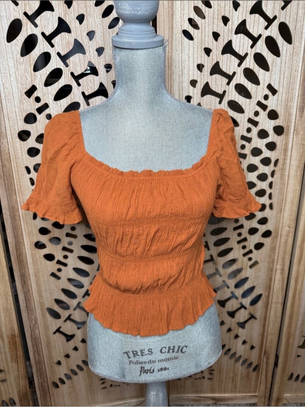 Smocked Rust Orange Square-Neck Top